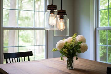 Modern Farmhouse Dining Room Inspirations: Mason Jar Lighting DIY Charm - obrazy, fototapety, plakaty