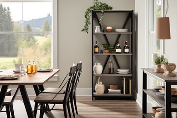 Fototapeta premium Open Shelving Ideas for Modern Farmhouse Dining Rooms - Smart Storage Solutions Galore