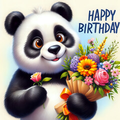 Fototapeta premium A panda bear with a bouquet of flowers. Postcard, greeting card, happy birthday, in English.
