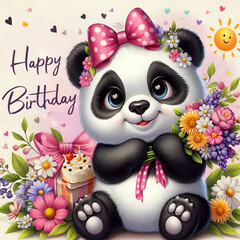 A panda bear with a bouquet of flowers. Postcard, greeting card, happy birthday, in English.