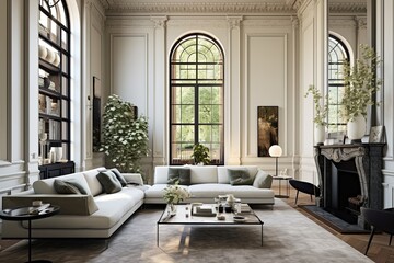 Breathtaking Modern Victorian Living Room Decor: Grand Atmosphere with High Ceilings - obrazy, fototapety, plakaty