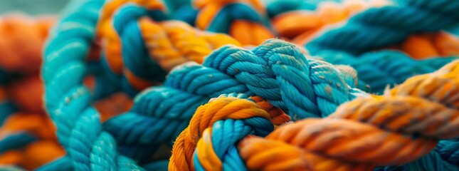 Closeup of azure, orange, and aqua woolen ropes creating a stunning art pattern. The electric blue fibers stand out against the wool texture - obrazy, fototapety, plakaty