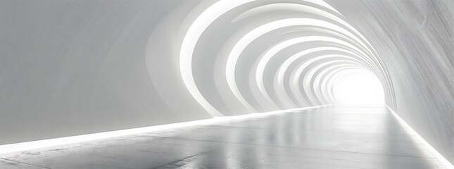 A grey tunnel made of wood with a circle pattern resembling an automotive tire rim. At the end, a font light breaks through the darkness