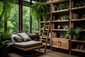 Nature-Inspired Study Room Decors: Wooden Bookshelves & Lush Green Plants Harmony