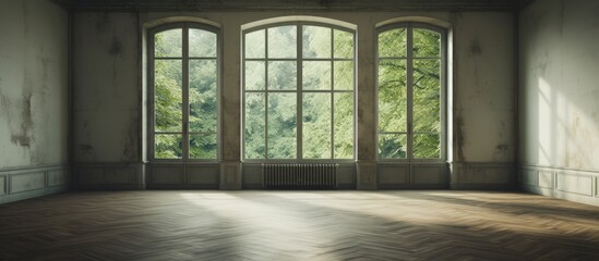 An empty room with three large windows allowing natural light to flood in, highlighting the wooden floor. The simplicity of the space creates a sense of openness and minimalism.