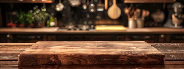 A hardwood table with a wood stain cutting board on top sits in front of a gas kitchen counter. Perfect for entertainment events, it adds a touch of warmth and elegance to the space - obrazy, fototapety, plakaty