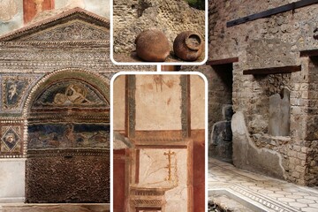 The beautiful Roman city of Pompeii destroyed by the eruption of the Vesuvius Volcano and perfectly...