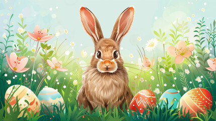 Easter Bunny background, Traditional Easter Bunny rabbit with colorful Easter eggs and Spring flowers