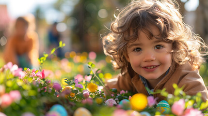 Happy caucasian family with Kids on an Easter egg hunt in a blooming spring garden. Group Of Children Pick Up Egg On Easter Egg Hunt In Garden