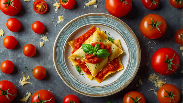 delicious ravioli with tomato sauce, basil, cheese in the kitchen