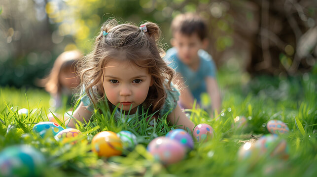 Happy caucasian family with Kids on an Easter egg hunt in a blooming spring garden. Children having fun in park. Easter egg hunt concept