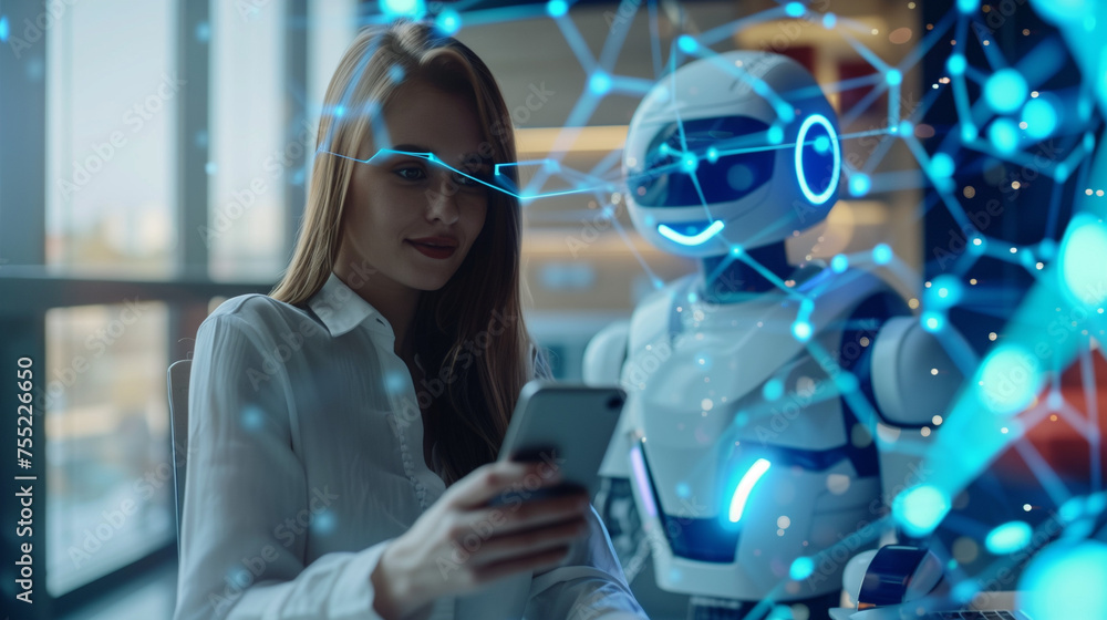 Aufkleber digital chatbot, chat gpt, robot application, conversation assistant, women using a mobile smartphon