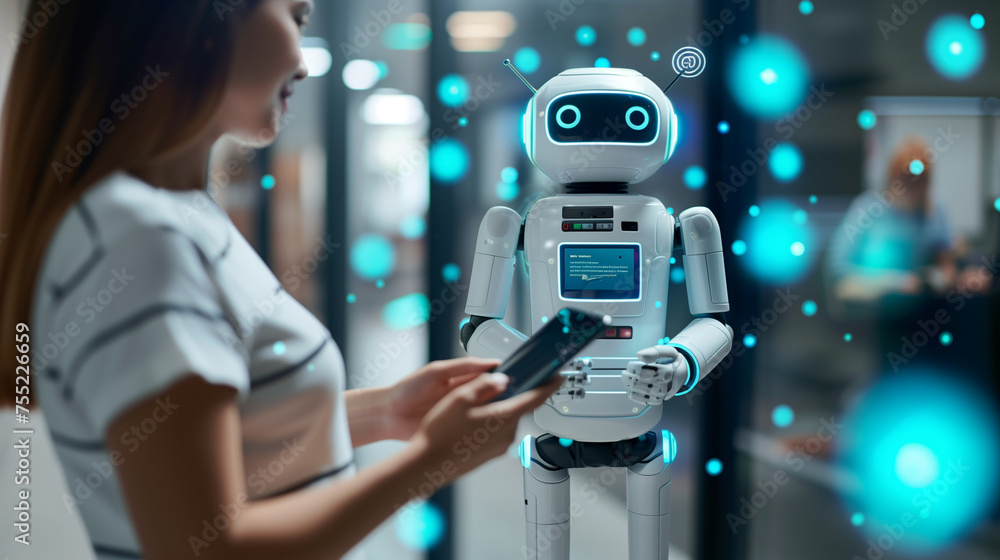 Poster digital chatbot, chat gpt, robot application, conversation assistant,woman using a mobile smartphone