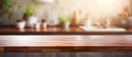 This image shows a blurry kitchen counter top with a wooden surface. The background features kitchen elements out of focus, creating a sense of movement and activity in the space.