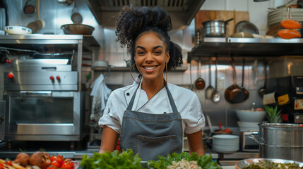African American female chef preparing food in the kitchen at the restaurant.black happy cook...