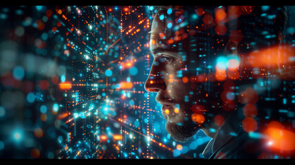 programmer using digital tablet computer analyzing and developing software on the futuristic virtual interface screen. Algorithm, big data analysis and management, data visualization