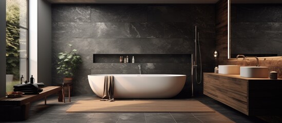 A modern bathroom featuring a large stone bathtub, a sleek sink, dark wooden and white walls, wooden tile floor, and a row of ceiling lamps hanging above the tub.