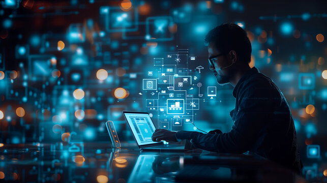 Asian men using digital tablet computer analyzing and developing software on the futuristic virtual interface screen. Algorithm, big data analysis and management, data visualization - Powered by Adobe