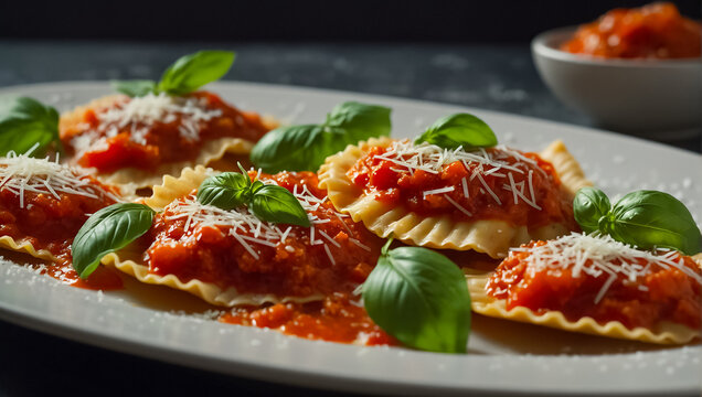 delicious ravioli with tomato sauce, basil, cheese in the kitchen Italian