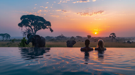 A couple in a swimming pool within the background African Elephants in the savanna in Africa, a...
