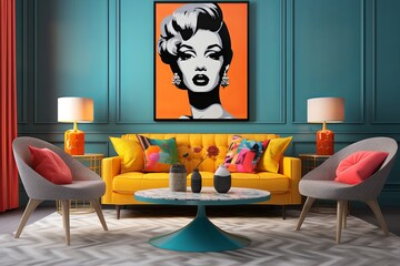 Retro Revival: Pop Art Inspired Living Room with Bold Artwork and Bright Furniture
