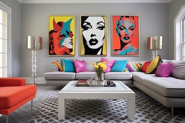 Statement Artwork and Eclectic Style: Pop Art Living Room with Patterned Rug Unveiled