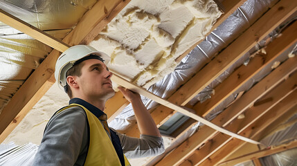 Builder Installing Insulating Board Into the Roof Of the House, heat isolating, Construction worker thermally insulating a house to save energy