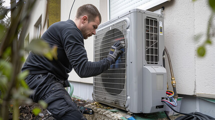 Engineer installing an air source heat pump outdoors at home in the Netherlands, warmte pomp, translation air source heat pump, airco for warming and cooling, energy transition