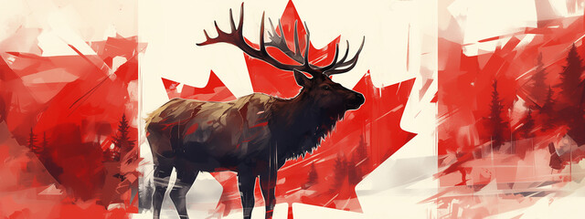 elk in front of an artistic rendition of the Canadian flag - obrazy, fototapety, plakaty