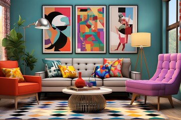 Pop Art Paradigm: Statement Wall Art, Colorful Accents, and Mid-Century Furniture Galore - obrazy, fototapety, plakaty