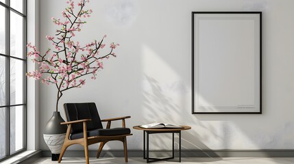 Living room with open book, vase of blossoms, wooden table, black chair, empty poster frame on white wall.

