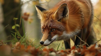 Naklejka na ściany i meble Majestic red fox in its natural habitat, amidst the enchanting forest scenery