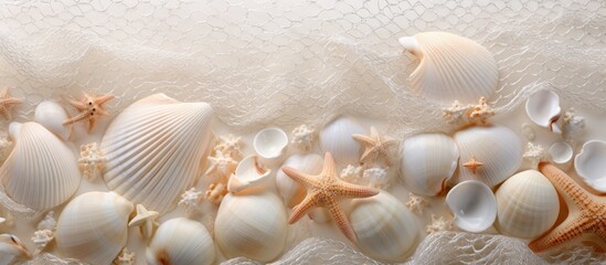 A detailed view of various sea shells and clams arranged on a white woven mesh background. The image showcases the intricate textures and shapes of these exotic marine inhabitants,