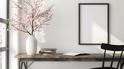 Living room with open book, vase of blossoms, wooden table, black chair, empty poster frame on...