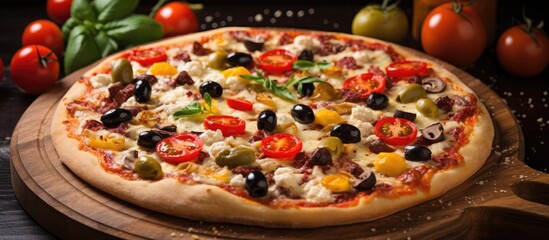 A Californiastyle pizza made with tomatoes, olives, peppers, and cheese served on a wooden cutting board. A delicious and popular fast food staple in American cuisine