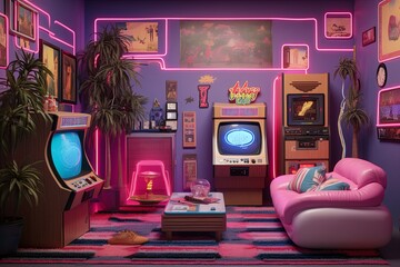Retro 80s Arcade Living Room Ideas: Vibrant Wall Decals and 80s Nostalgia D�cor - obrazy, fototapety, plakaty