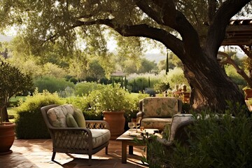 Obraz premium Captivating Tuscan Romance: Olive Trees, Cozy Seating, Old-World Patio Designs