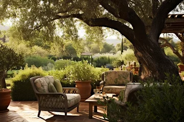 Fotobehang Captivating Tuscan Romance: Olive Trees, Cozy Seating, Old-World Patio Designs © Michael