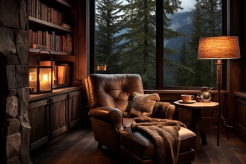 Obraz premium Rugged Mountain Study Room: Cozy Armchair, Warm Lighting, Forest View Ideas