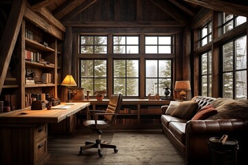 'Rugged Mountain Study Room Ideas: Cabin-Style Architecture with Heavy Curtains and Robust Furniture'