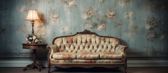 A vintage sofa and a table are placed in a room with a wooden floor and wallpaper on the wall. The furniture items are the main focus of the image.