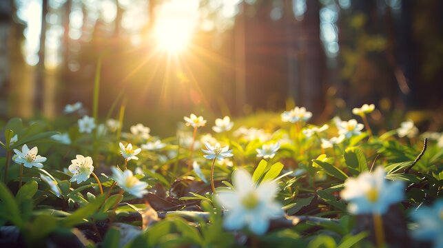 Low angle forest view with first spring flowers blooming , spring background with copy space
