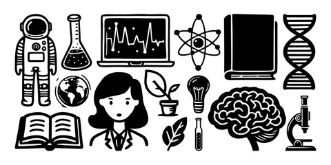 Science lab medical education objects vector doodle set. Scientist study experiment lab item doodle set