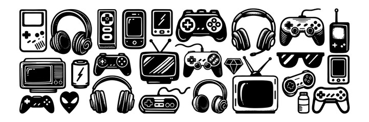 Game video console gamer control vintage doodle vector set. Game computer joystick gamer control doodle set © Horizen