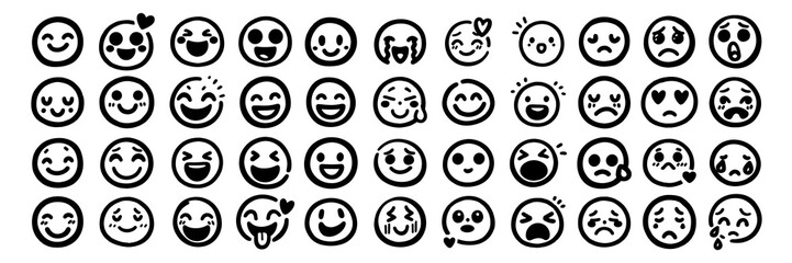 Emoji face smile happy emoticon vector doodle set. Emoji funny mood emotion vector doodle set - obrazy, fototapety, plakaty
