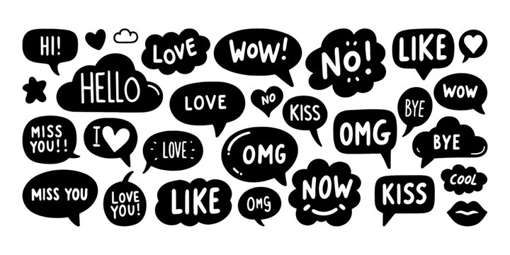 Speech talk comic balloon cloud doodle vector set. Speech talk dialog cartoon word doodle set