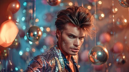 Naklejka premium Handsome man dancing on retro disco party concept background