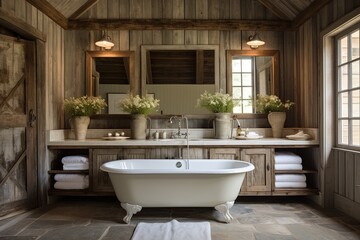 Fototapeta na wymiar Vintage Rustic Farmhouse Bathroom Designs: Embracing Rustic Charm