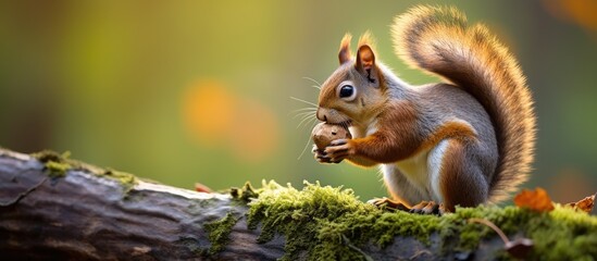 A red squirrel, a terrestrial animal, is perched on a mossy log eating a nut. Its whiskers twitch...