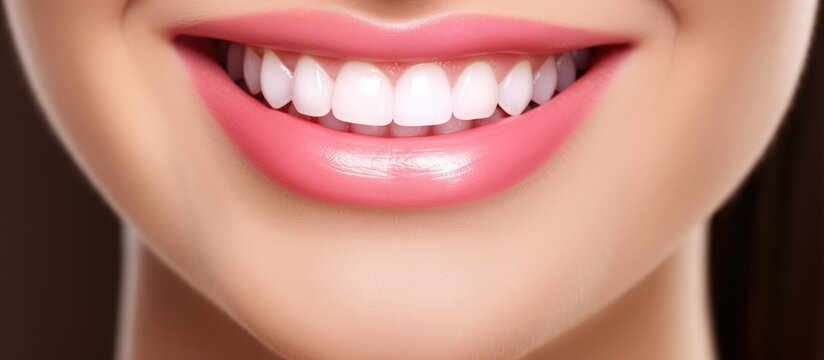 A close-up shot of a womans face revealing white teeth and bright pink lips. The woman is smiling, showcasing her healthy teeth and clear skin. This image exemplifies good dental care and beauty